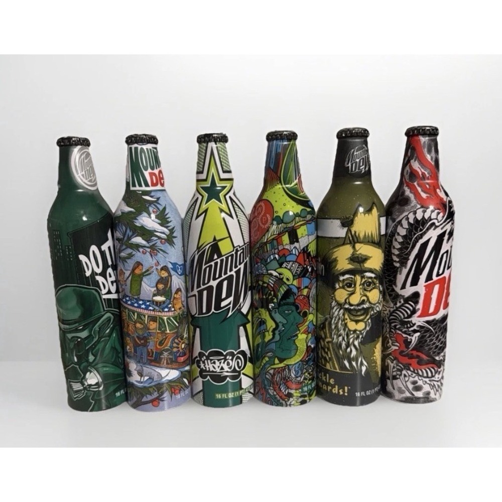 6 Mountain Dew Green Label Art Aluminum Bottles New and Unopened 2008‎ RARE